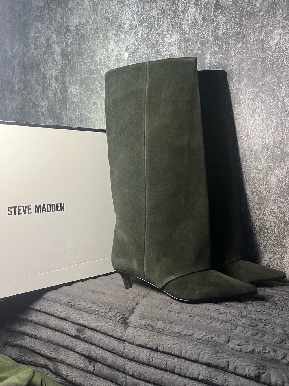 Steve Madden Olive Green Suede Knee-High Kitten Heel Boots